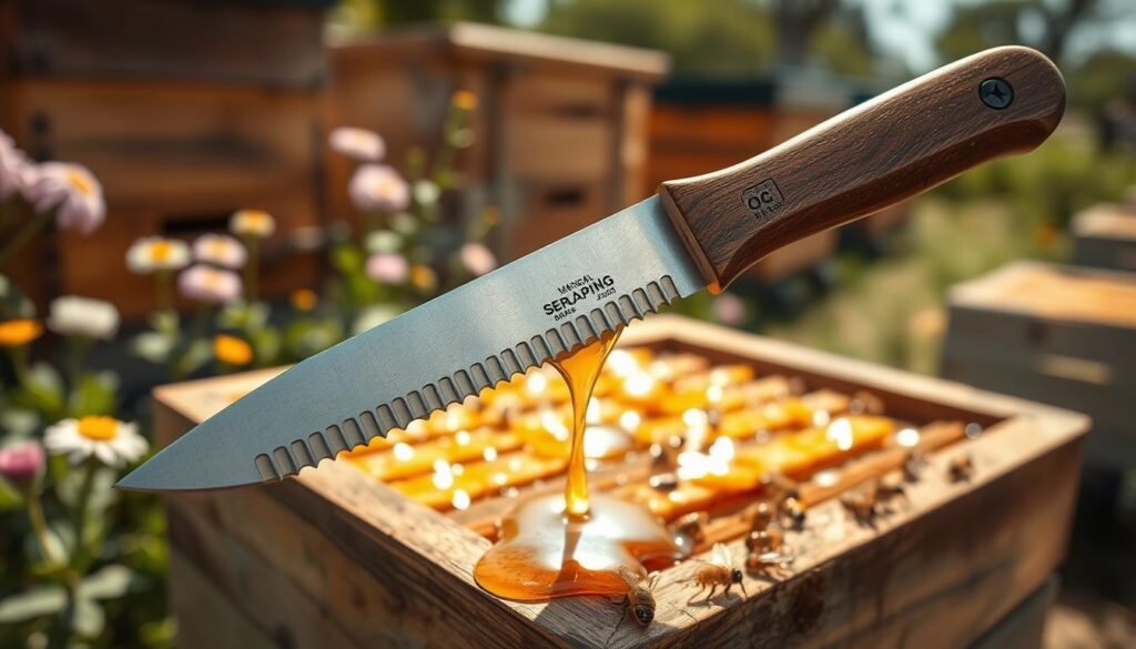 A detailed image of a manual serrated uncapping knife, prominently positioned in the foreground, showcasing its sharp, jagged blade and ergonomic handle, glistening under bright natural light. The middle ground features a wooden beehive frame partially uncapped, with fresh honeycomb glistening and honey dribbling down. In the background, a softly blurred apiary scene with flowering plants and beehives in a lush garden setting creates an inviting atmosphere. The lens captures the texture of the knife’s blade and the honeycomb, with a shallow depth of field to emphasize the uncapping knife. The overall mood is one of craftsmanship and warmth, ideal for beginner beekeepers exploring the art of honey extraction. A detailed image of a manual serrated uncapping knife, prominently positioned in the foreground, showcasing its sharp, jagged blade and ergonomic handle, glistening under bright natural light. The middle ground features a wooden beehive frame partially uncapped, with fresh honeycomb glistening and honey dribbling down. In the background, a softly blurred apiary scene with flowering plants and beehives in a lush garden setting creates an inviting atmosphere. The lens captures the texture of the knife’s blade and the honeycomb, with a shallow depth of field to emphasize the uncapping knife. The overall mood is one of craftsmanship and warmth, ideal for beginner beekeepers exploring the art of honey extraction.