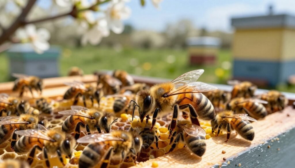 A detailed image of a post-split queen bee in a lush, vibrant apiary setting. In the foreground, focus on the queen bee surrounded by diligent worker bees, her golden body contrasting with the dark honeycomb. In the middle ground, depict several frames of bees busily working, gathering nectar and pollen, highlighting the activity of a thriving colony. The background should feature blooming flowers and a soft, green landscape under a bright blue sky. Utilize warm, natural lighting to create an inviting atmosphere, casting gentle shadows that enhance the details of the bees and the hive. Capture the scene with a macro lens at eye level, emphasizing the intricacies of bee behavior and the harmony of nature.