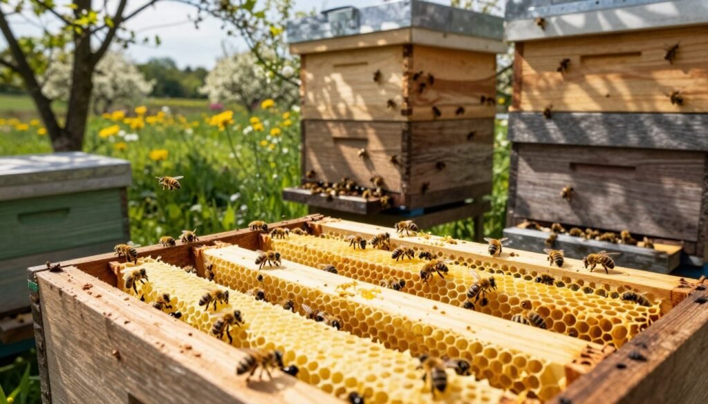 A detailed image of a scaling apiary featuring honeybee plastic foundation frames. In the foreground, showcase several grooved top bar frames filled with vibrant yellow beeswax and gently bustling bees actively working. The middle ground should include a series of stacked wooden beehive boxes, highlighting the wedged top bar design, with bees coming and going around the entrances. In the background, depict a lush, green landscape with blooming flowers and trees, indicating a healthy environment for beekeeping. The scene is illuminated by soft, warm sunlight filtering through the branches, creating dappled lighting on the frames. Capture the essence of growth and vitality in the apiary, evoking a sense of productivity and harmony within the beekeeping practice. Use a slight upward angle to emphasize the height of the stacked hives against the sky.