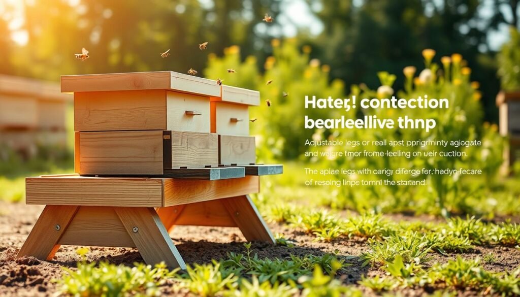 A detailed image of a weight distribution and leveling hive stand designed for beekeeping. In the foreground, showcase a sturdy wooden hive stand with adjustable legs to ensure proper leveling on uneven ground, demonstrating its weight distribution features. The middle layer should include beehives resting securely on the stand, emphasizing the importance of stability, with bees actively flying around. In the background, depict a sunny apiary lush with greenery, giving a sense of natural harmony. Use warm, soft lighting to create an inviting atmosphere, with a shallow depth of field that keeps the focus sharp on the hive stand while gently blurring the background. Aim for an informative, serene mood that illustrates the essential features of stability and strength in hive stand design. A detailed image of a weight distribution and leveling hive stand designed for beekeeping. In the foreground, showcase a sturdy wooden hive stand with adjustable legs to ensure proper leveling on uneven ground, demonstrating its weight distribution features. The middle layer should include beehives resting securely on the stand, emphasizing the importance of stability, with bees actively flying around. In the background, depict a sunny apiary lush with greenery, giving a sense of natural harmony. Use warm, soft lighting to create an inviting atmosphere, with a shallow depth of field that keeps the focus sharp on the hive stand while gently blurring the background. Aim for an informative, serene mood that illustrates the essential features of stability and strength in hive stand design.