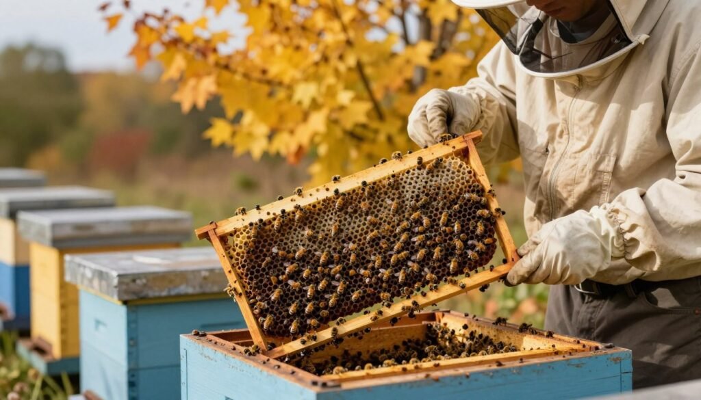 A detailed image of autumn bee apiary management focusing on varroa mite monitoring. In the foreground, a beekeeper in modest casual clothing examines a hive frame filled with bees, carefully observing for varroa mites. In the middle, several open hives showcase bees in activity, with a few varroa mites visibly clinging to some bees. The background features colorful autumn foliage, with golden leaves against a soft, blurred blue sky. The scene is illuminated by warm, natural light, suggesting late afternoon. A shallow depth of field focuses on the beekeeper and hive frame, creating a sense of intimacy and care in the atmosphere, symbolizing the importance of pest management during fall.