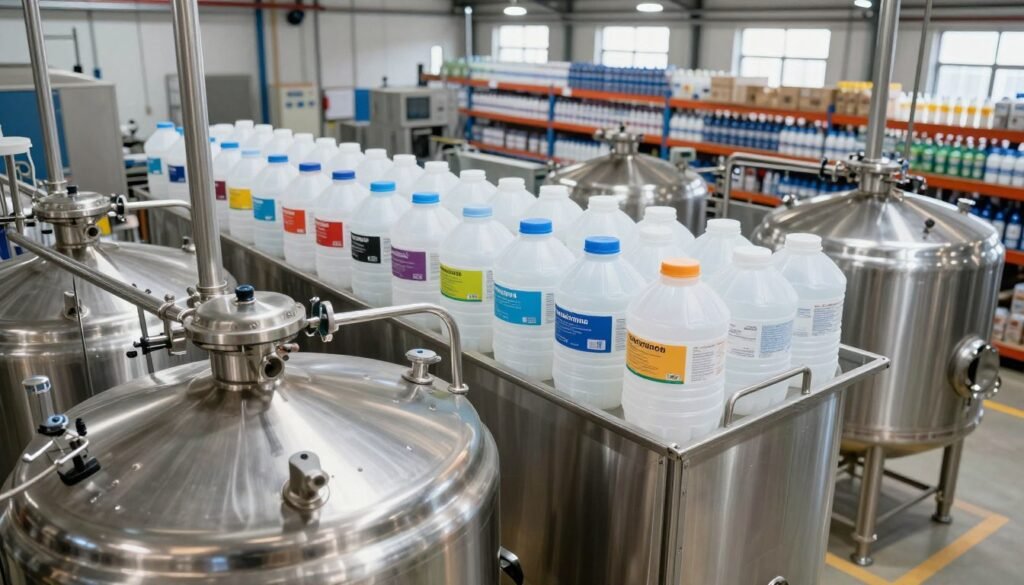 A detailed industrial bottling facility interior, showcasing stainless steel and plastic bottling tanks arranged methodically. In the foreground, a shiny stainless steel tank gleams under soft, natural lighting, highlighting its clean surface and smooth curves. In the middle ground, several plastic tanks with colorful labels are filled and ready for distribution, emphasizing their lightweight nature. The background displays a spacious warehouse with shelves stocked full of bottled products and efficient equipment, reflecting daily operations. Bright, overhead lights create a professional atmosphere, while shadows add depth to the scene. The angle captures a dynamic view from slightly above eye level, enhancing the industrial aesthetic while maintaining a sleek, organized look throughout the facility.