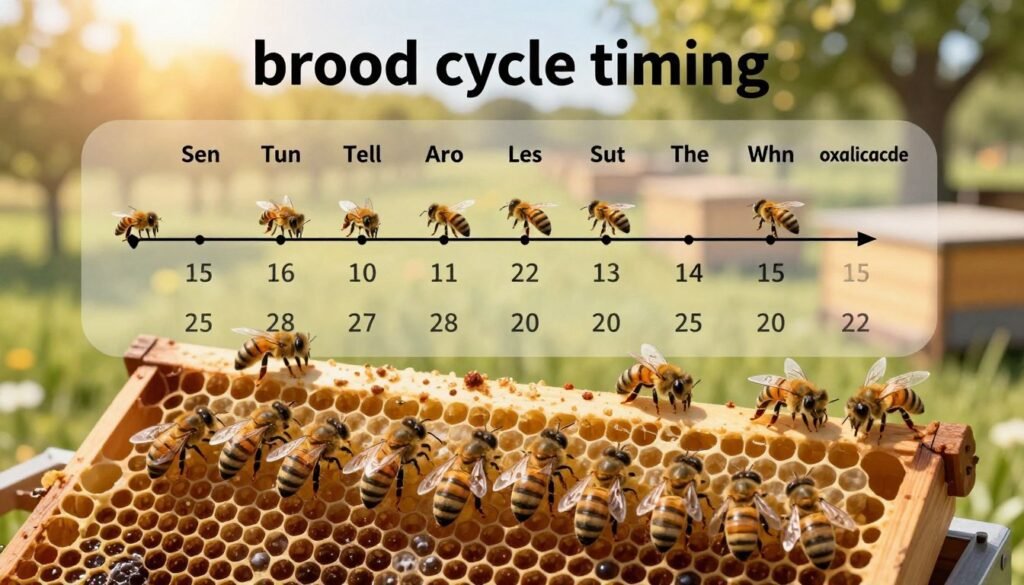 A detailed infographic illustrating the "brood cycle timing" of honeybee colonies, focusing on the relationship between brood development and Varroa mite management. In the foreground, display a honeycomb frame with capped and uncapped brood cells, showcasing varying stages of bee development. In the middle, include a calendar diagram that highlights the timing of brood cycles in relation to oxalic acid application, with arrows indicating peak treatment periods. In the background, softly blur a serene apiary scene bathed in warm, natural sunlight, emphasizing the peacefulness of the environment. Use a top-down perspective to create an informative, educational atmosphere. Aim for a clear, realistic style with vibrant colors to engage viewers, ensuring all elements harmonize for a cohesive visual representation. A detailed infographic illustrating the "brood cycle timing" of honeybee colonies, focusing on the relationship between brood development and Varroa mite management. In the foreground, display a honeycomb frame with capped and uncapped brood cells, showcasing varying stages of bee development. In the middle, include a calendar diagram that highlights the timing of brood cycles in relation to oxalic acid application, with arrows indicating peak treatment periods. In the background, softly blur a serene apiary scene bathed in warm, natural sunlight, emphasizing the peacefulness of the environment. Use a top-down perspective to create an informative, educational atmosphere. Aim for a clear, realistic style with vibrant colors to engage viewers, ensuring all elements harmonize for a cohesive visual representation.