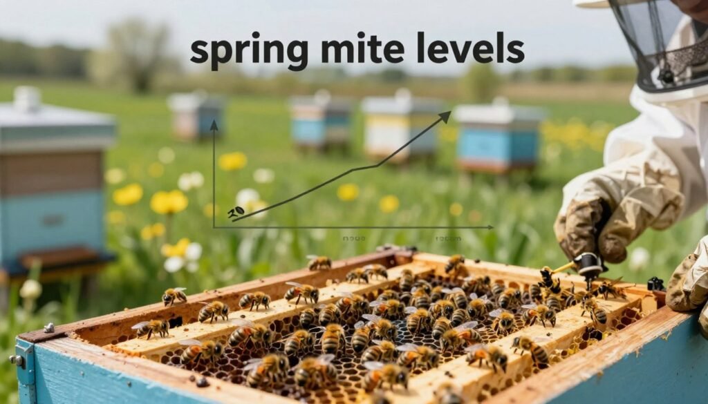 A detailed infographic showcasing "spring mite levels" for Varroa mites in a beekeeping context. In the foreground, display a close-up view of a honeybee hive with bees actively working, highlighting the entrance and a few open frames with bees and brood. The middle ground features a chart overlay showing rising mite levels in a spring setting, with vibrant greenery and blooming flowers, indicative of the season. In the background, include a soft-focus panorama of a beekeeping landscape with several hives under bright natural daylight, evoking a sense of renewal and vigilance. Use a shallow depth of field to keep the foreground sharp while gently blurring the background. The overall atmosphere should be educational and engaging, emphasizing the importance of seasonal mite management.