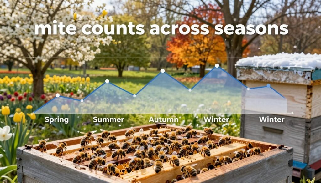 A detailed infographic visualizing "mite counts across seasons" for beekeepers. In the foreground, a close-up of a wooden beehive with bees actively working around it, with the entrance visible. The middle section features a stylized graph with fluctuating lines, representing mite counts through spring, summer, autumn, and winter, seamlessly blending into the environment. The background showcases a vibrant apiary in each season: blooming flowers in spring, lush greenery in summer, warm autumn hues, and a gentle snowfall in winter. Natural sunlight filters through the trees, creating dappled lighting effects. The overall mood is insightful and educational, evoking a sense of importance about mite management in beekeeping, designed for clarity and visual impact without any text or distractions.