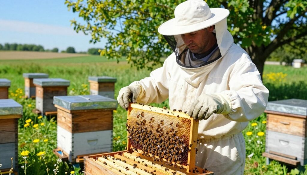 A detailed inspection of bee colonies being conducted in a sunny outdoor setting. In the foreground, a professional beekeeper dressed in a white suit and protective gear examines a honeycomb frame filled with bees, showcasing the vibrant activity of the colony. The middle ground features multiple wooden beehives arranged neatly, with some colonies visibly buzzing with life, surrounded by wildflowers. In the background, a lush green landscape stretches out under a clear blue sky, adding a sense of tranquility. The sunlight filters through the trees, casting soft shadows, creating an atmosphere of care and diligence. A slight focus on the beekeeper's focused expression emphasizes the importance of assessing colony strength and quality control in pollination routes. The image captures a harmonious connection between nature and the meticulous work of beekeeping, reflecting the theme of optimizing agricultural productivity. A detailed inspection of bee colonies being conducted in a sunny outdoor setting. In the foreground, a professional beekeeper dressed in a white suit and protective gear examines a honeycomb frame filled with bees, showcasing the vibrant activity of the colony. The middle ground features multiple wooden beehives arranged neatly, with some colonies visibly buzzing with life, surrounded by wildflowers. In the background, a lush green landscape stretches out under a clear blue sky, adding a sense of tranquility. The sunlight filters through the trees, casting soft shadows, creating an atmosphere of care and diligence. A slight focus on the beekeeper's focused expression emphasizes the importance of assessing colony strength and quality control in pollination routes. The image captures a harmonious connection between nature and the meticulous work of beekeeping, reflecting the theme of optimizing agricultural productivity.