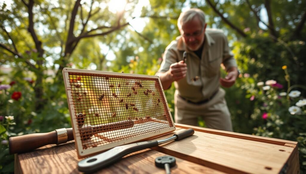 A detailed installation scene showcasing tips for setting up bee screens for struggling bee colonies. In the foreground, a close-up view features a sturdy, well-designed bee screen resting on a wooden hive, with tools like a hive tool and bee brush neatly arranged beside it. In the middle ground, a professional in modest casual attire is carefully demonstrating the screen installation process, ensuring that the screen fits perfectly onto the hive entrance. The background depicts a lush garden filled with flowering plants, capturing the essence of a vibrant bee-friendly environment. Soft, natural lighting filters through the trees, creating an inviting atmosphere. The perspective is angled slightly from below, emphasizing both the intricate details of the installation and the lively, nurturing setting, enhancing the instructional aspect of the image.