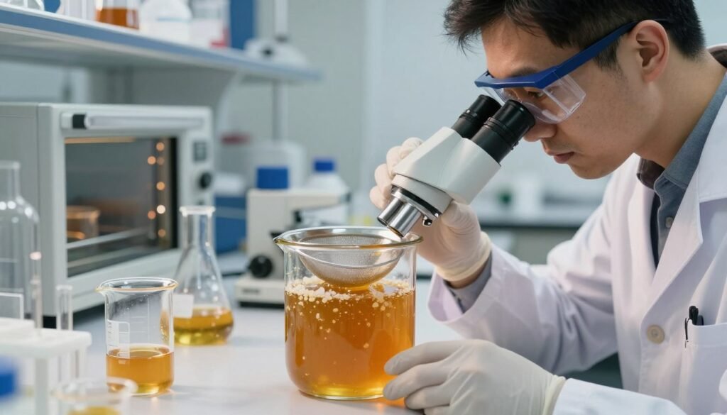 A detailed laboratory scene focused on crystallization troubleshooting related to honey processing. In the foreground, a glass honey gate strainer is prominently displayed, filled with honey and small crystalline particles. A professional in a lab coat and safety goggles is examining the strainer with a microscope, showcasing a serious expression as they analyze the situation. In the middle background, various scientific equipment like beakers, flasks, and a drying oven are scattered, reflecting the complexity of the troubleshooting process. Soft, focused lighting accentuates the glassware and equipment, while the background remains slightly blurred to emphasize the central action. The atmosphere is one of concentrated effort and scientific inquiry, creating a sense of professionalism in the image. A detailed laboratory scene focused on crystallization troubleshooting related to honey processing. In the foreground, a glass honey gate strainer is prominently displayed, filled with honey and small crystalline particles. A professional in a lab coat and safety goggles is examining the strainer with a microscope, showcasing a serious expression as they analyze the situation. In the middle background, various scientific equipment like beakers, flasks, and a drying oven are scattered, reflecting the complexity of the troubleshooting process. Soft, focused lighting accentuates the glassware and equipment, while the background remains slightly blurred to emphasize the central action. The atmosphere is one of concentrated effort and scientific inquiry, creating a sense of professionalism in the image.
