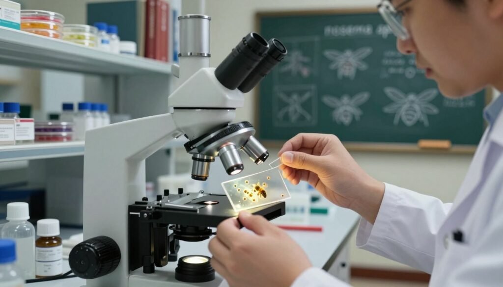 A detailed laboratory scene focused on "nosema apis" research. In the foreground, a researcher in a white lab coat meticulously examines a microscope slide containing honeybee samples infected with Nosema. The slide is illuminated by a soft, focused light that highlights the spores distinctly. In the middle ground, shelves filled with scientific equipment like Petri dishes, vials, and books on apiculture and bee diseases create a sense of deep research. The background features a chalkboard with sketches and notes about bee pathogens, emphasizing a historical perspective. The room is warmly lit, conveying a serious yet inspiring atmosphere that reflects dedication to understanding bee health. The camera angle is slightly tilted, providing a dynamic view of the laboratory environment.