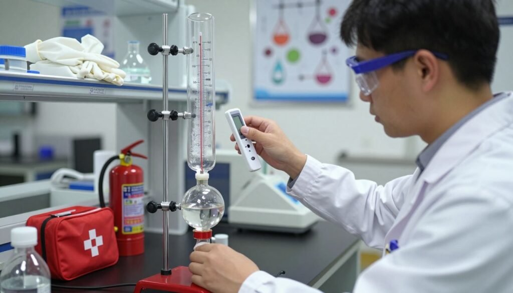 A detailed laboratory scene focused on temperature distillation safety. In the foreground, a professional individual in a lab coat and safety goggles carefully monitors a distillation apparatus, adjusting the temperature with a digital thermometer. The middle section showcases a polished glass distillation setup, with clear signs of condensation, showcasing the process of purification. On the workbench, safety equipment like gloves, a fire extinguisher, and first aid kit are visible. The background features a well-organized laboratory with scientific posters on the walls illustrating distillation principles. The lighting is bright and focused, highlighting the distillation setup while ensuring a safe and sterile atmosphere. The overall mood conveys professionalism and caution, emphasizing the importance of safety in the distillation process. A detailed laboratory scene focused on temperature distillation safety. In the foreground, a professional individual in a lab coat and safety goggles carefully monitors a distillation apparatus, adjusting the temperature with a digital thermometer. The middle section showcases a polished glass distillation setup, with clear signs of condensation, showcasing the process of purification. On the workbench, safety equipment like gloves, a fire extinguisher, and first aid kit are visible. The background features a well-organized laboratory with scientific posters on the walls illustrating distillation principles. The lighting is bright and focused, highlighting the distillation setup while ensuring a safe and sterile atmosphere. The overall mood conveys professionalism and caution, emphasizing the importance of safety in the distillation process.