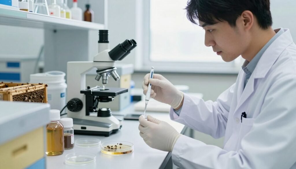 A detailed laboratory setting showcasing the process of oxalic acid treatment for Varroa mite control in beekeeping. In the foreground, a scientist in a white lab coat carefully measures oxalic acid using precision instruments. The middle section features an array of beekeeping supplies, including hives and protective gear, with a microscope and petri dishes displaying samples on the laboratory bench. In the background, bright, sterile lighting creates a clinical atmosphere that emphasizes safety and professionalism. The scene should evoke a sense of scientific rigor and dedication to beekeeping, with the angle focused on the scientist's engaged expression, illustrating their commitment to effective treatment methods. Soft shadows enhance the depth and realism of the image while keeping the overall mood focused and serene.