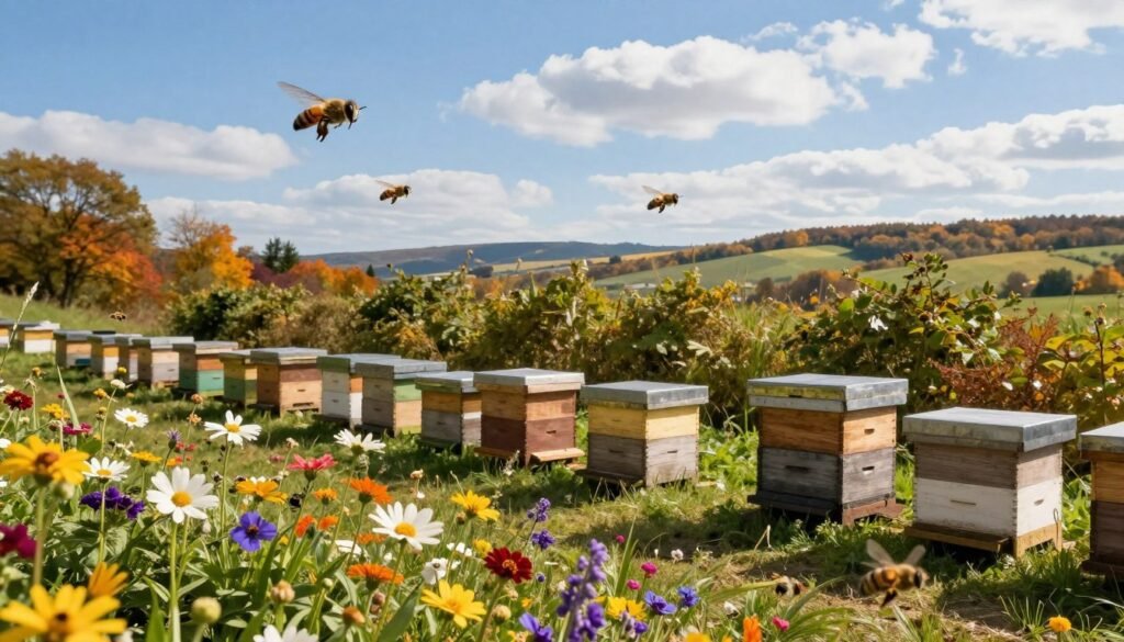 A detailed landscape depicting a serene apiary during the temperate seasons, showcasing a clear blue sky with scattered clouds. In the foreground, a vibrant array of blooming flowers attracts various species of drones busy in their mating flight. The middle ground features well-maintained beehives, surrounded by lush green foliage, symbolizing the importance of environmental factors on drone availability. In the background, distant rolling hills hint at the changing seasons, with patches of autumn leaves in vibrant hues. Soft, warm sunlight bathes the scene, casting gentle shadows and creating an inviting ambiance. The perspective is slightly elevated, offering a comprehensive view of the interconnected elements representing the delicate balance of nature and the seasonal constraints on drone behavior. The overall mood is tranquil and educational, emphasizing the harmony of the ecosystem.