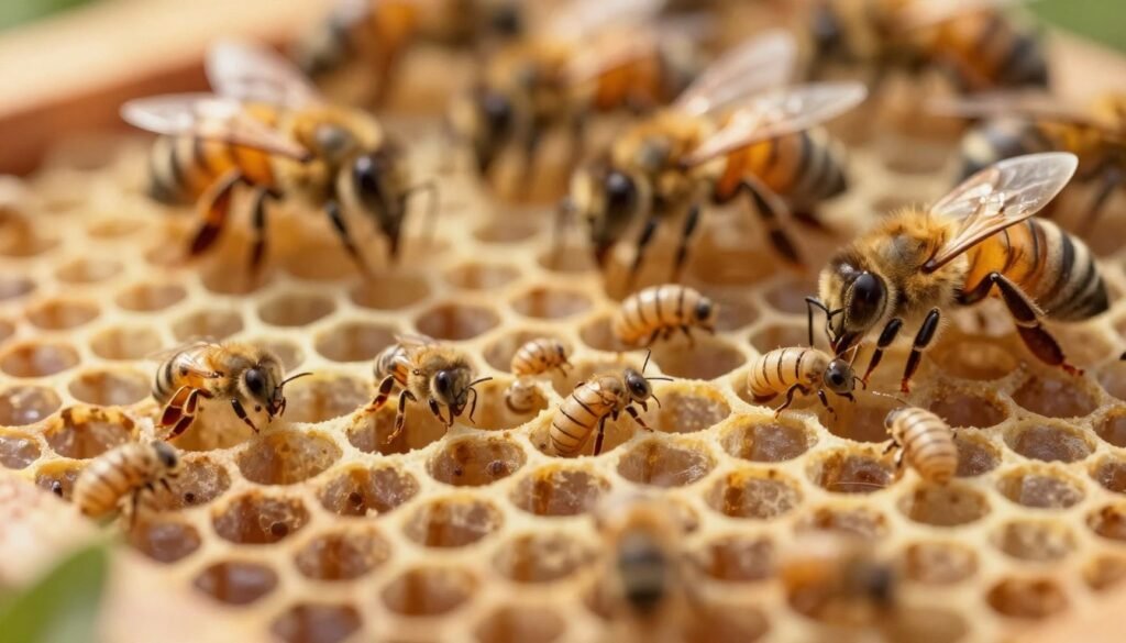 A detailed, macro-style illustration of brood cycle mites on the surface of bee larvae inside a honeycomb cell. In the foreground, highlight the tiny, intricate details of the mites, showcasing their distinctive oval shapes and segmented bodies against the soft, golden hue of bee larvae. The middle ground features the hexagonal wax cells of the honeycomb, with some larvae visible in various developmental stages. In the background, softly blurred, a cluster of bees can be seen tending to the brood, creating a sense of community and care. The lighting should be warm and natural, reminiscent of sunlight filtering through a beehive, casting gentle shadows. The mood is educational and informative, drawing attention to the biology of mites and their impact on bee health.
