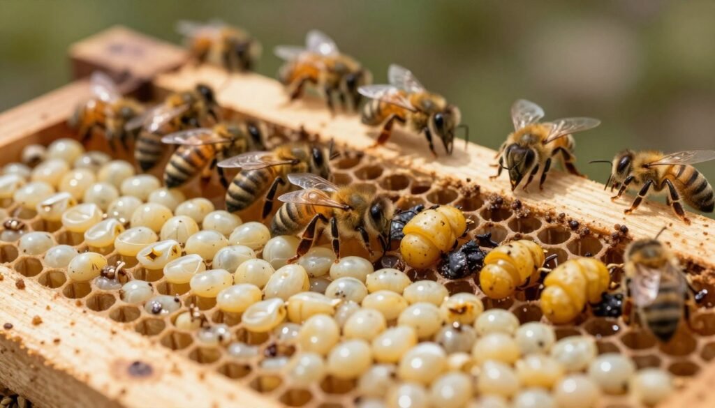 A detailed macro view of honey bee brood cells, contrasting sacbrood and foulbrood characteristics. In the foreground, illustrate healthy honey bee larvae exhibiting a pearly, creamy appearance, with clear distinctions from contaminated larvae displaying yellowish, sunken, and dark textures commonly seen in foulbrood. In the middle ground, show the hive structure with wooden frames, some filled with bees actively tending to the healthy brood, while others are observing the affected cells with a subtle lighting effect that highlights the differences. The background should depict a blurred hive setting, providing context without distraction. The lighting should be soft and natural, reminiscent of a warm afternoon, creating an informative yet slightly ominous atmosphere, ideal for educational purposes.