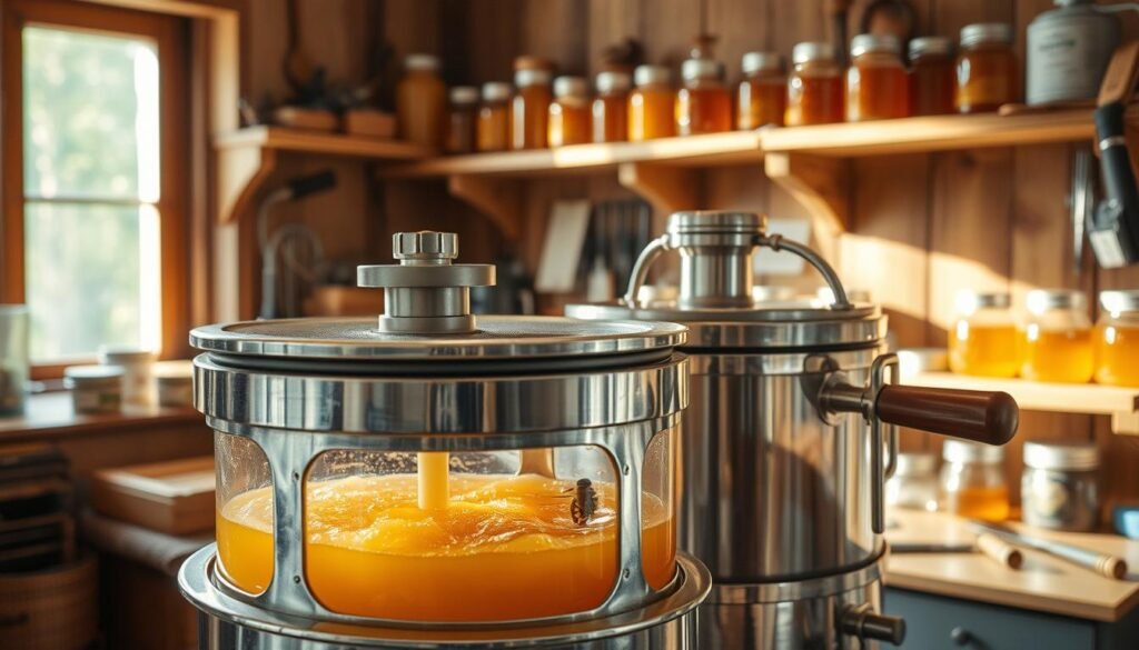 A detailed manual honey extractor in a well-lit, rustic workshop setting. In the foreground, the extractor is made of shiny stainless steel with clear glass windows, showcasing golden honey spinning inside. The middle ground features tools typically used in beekeeping, like a smoker and a hive tool, while the background consists of wooden shelves lined with jars of honey and beekeeping equipment. Soft, warm lighting streams through an open window, creating a cozy, inviting atmosphere. The scene is captured from a slightly elevated angle, emphasizing the intricate design of the extractor and the craftsmanship of the tools, evoking a sense of tradition and dedication in the art of beekeeping. A detailed manual honey extractor in a well-lit, rustic workshop setting. In the foreground, the extractor is made of shiny stainless steel with clear glass windows, showcasing golden honey spinning inside. The middle ground features tools typically used in beekeeping, like a smoker and a hive tool, while the background consists of wooden shelves lined with jars of honey and beekeeping equipment. Soft, warm lighting streams through an open window, creating a cozy, inviting atmosphere. The scene is captured from a slightly elevated angle, emphasizing the intricate design of the extractor and the craftsmanship of the tools, evoking a sense of tradition and dedication in the art of beekeeping.