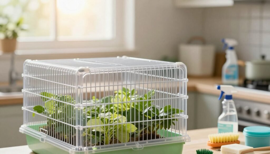 A detailed plastic queen cage situated prominently in the foreground, showcasing its transparent walls and sturdy design. The cage is filled with refreshing greenery, symbolizing a clean and eco-friendly environment. The middle ground features a softly lit kitchen or workshop setting with sanitization equipment like brushes, soaps, and a spray bottle, hinting at the process of cleaning. In the background, there’s a window letting in warm, natural sunlight, creating a bright and inviting atmosphere. Use a slight depth of field to keep the focus on the cage while softly blurring the surrounding items. The mood is calm and professional, illustrating the concept of reusing equipment sustainably.