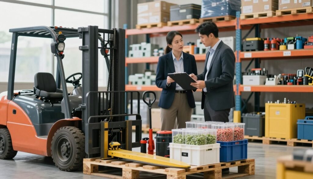 A detailed, professional scene depicting a strategic equipment selection pallet for logistics, set in a bright and organized warehouse. In the foreground, a wooden pallet holds an array of equipment, including a forklift, hand-loading tools, and crates filled with pollination supplies, all arranged neatly. The middle ground features a sharp focus on a team of two professionals in business attire, thoughtfully discussing the equipment while examining a clipboard and standing beside the pallet. In the background, shelves full of various tools and machinery create a sense of depth, illuminated by soft, natural lighting filtering through large windows. The mood is focused and collaborative, showcasing the importance of strategic decision-making in equipment selection.