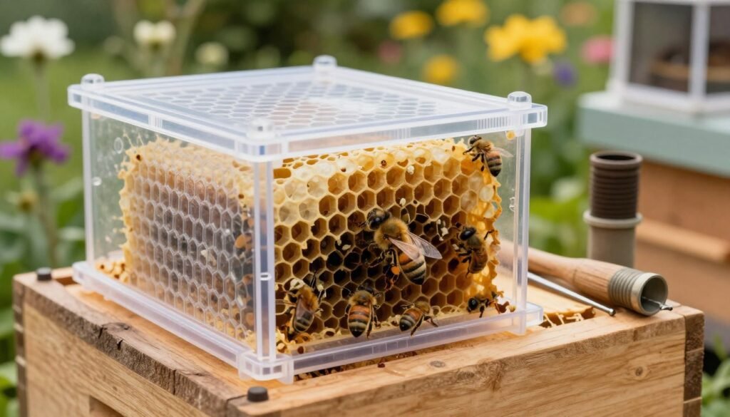 A detailed push-in cage designed for beekeeping, prominently featured in the foreground, crafted from clear plastic with honeycomb patterns visible. The cage is carefully positioned on a wooden hive, showcasing the queen bee inside, surrounded by a few worker bees, which enhances the focus on the queen's introduction. In the middle ground, various beekeeping tools like a smoker and hive tool are neatly arranged, hinting at an organized workflow. The background features a lush garden with blooming flowers, suggestive of a vibrant bee-friendly environment. Soft, natural lighting filters through, creating a warm and inviting atmosphere, emphasizing the careful and attentive process of beekeeping. The composition captures a sense of professionalism and calmness, conducive to a successful queen introduction.