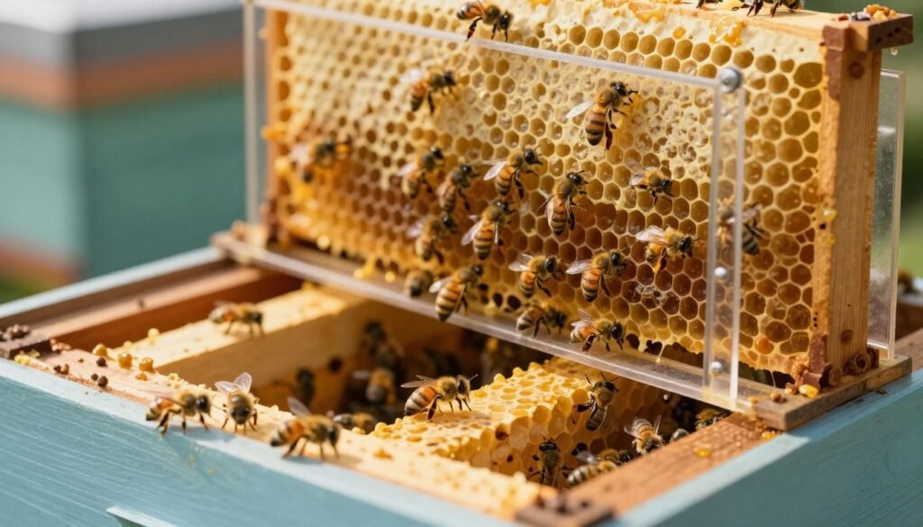 A detailed queen bee cage, nestled among frames filled with busy honey bees, showcases its significance in beekeeping. The foreground captures the cage, made of transparent material, allowing visibility of the queen bee inside, surrounded by a few worker bees. In the middle ground, honeycomb frames are partially filled with golden nectar, glistening under soft, warm lighting that imitates a sunlit afternoon in a vibrant apiary. The background features a blurred hive structure, providing context without distraction. Use a close-up angle to focus on the intricate details of the cage and bees, evoking a sense of careful management of hive dynamics. The atmosphere should feel calm and industrious, reflecting the harmony of nature during a nectar flow.