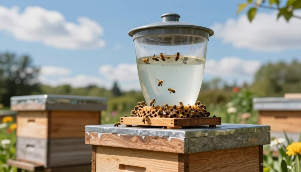 A detailed, realistic depiction of a universal hive top feeder placed atop a wooden beehive in a sunny garden. In the foreground, focus on the feeder showcasing its intricate design, featuring a transparent reservoir and feeding holes for bees. In the middle, depict the hive with visible wooden texture, and some bees actively gathering around the feeder. The background should showcase a bright blue sky dotted with fluffy white clouds, and greenery such as blooming flowers and trees, creating a lively, inviting atmosphere. Natural lighting emphasizes the feeder's features, with a slightly elevated angle to capture both the feeder and the hive together. The mood should be tranquil and harmonious, illustrating the benefits of this feeding method for new beekeepers.