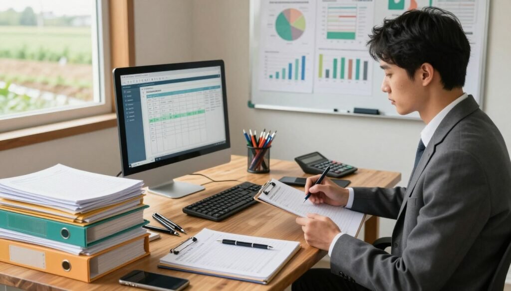 A detailed recordkeeping system for a farm, showcasing an organized workspace with a large wooden desk overflowing with colorful files and notebooks filled with pollination data. In the foreground, a farmer dressed in professional business attire examines a clipboard, taking notes with a focused expression. The middle ground features a computer displaying software related to pollination tracking, surrounded by essential farming tools like pens, a calculator, and a smartphone. In the background, a large whiteboard displays charts and graphs illustrating pollination statistics, with a gentle stream of natural light filtering in through a window, creating a warm and productive atmosphere. The overall mood is one of diligence and professionalism, reflecting the importance of accurate recordkeeping in farming.