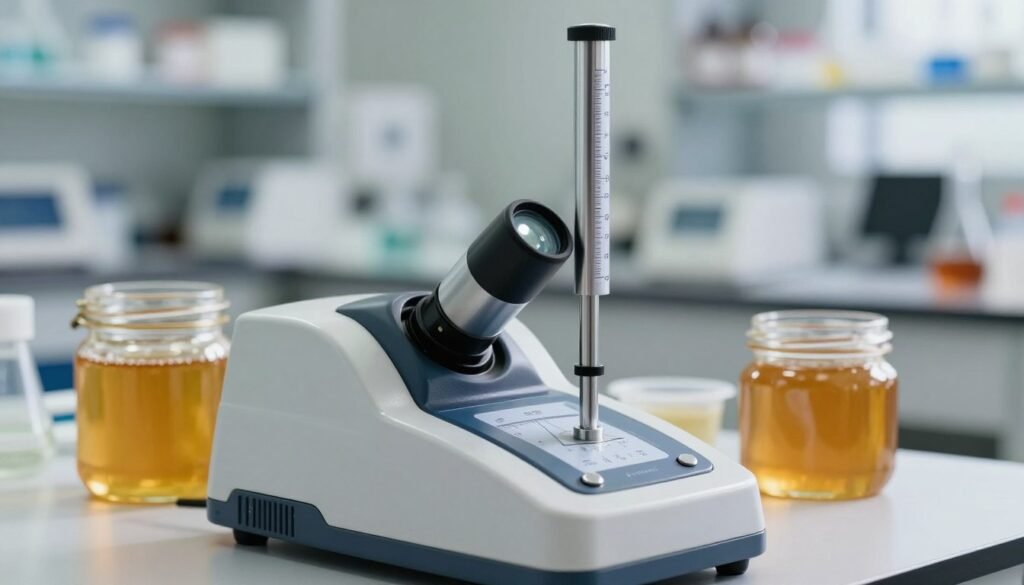A detailed refractometer positioned prominently in the foreground, showcasing its sleek metallic body and precise measurement scale. The refractometer’s eyepiece glistens under soft, diffused natural lighting that enhances its reflective surfaces. In the middle ground, a clear glass container filled with golden honey is placed beside the refractometer, highlighting its connection to moisture content measurement. In the background, a blurred laboratory setting filled with various scientific instruments and soft-focus shelves lined with supplies creates an atmosphere of professional analysis and attention to detail. The overall mood is one of focused scientific inquiry, emphasizing the precision and importance of monitoring moisture levels in honey.