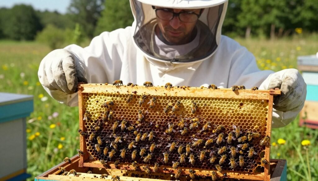A detailed scene depicting a beekeeper in a protective suit gently examining a honeybee hive with visible European Foulbrood symptoms, focusing on uncapped honeycomb cells. In the foreground, a close-up of the hive showing moist, uncapped cells teeming with disease, surrounded by healthy worker bees. The middle ground features the beekeeper using a hive tool, focused and attentive, reflecting concern for the bees' health. The background captures a sunny meadow with wildflowers and trees, indicating a calm day, while soft, natural lighting casts gentle shadows. The atmosphere conveys a sense of urgency but also hope, emphasizing the importance of proper hive management in combating foulbrood outbreaks. A detailed scene depicting a beekeeper in a protective suit gently examining a honeybee hive with visible European Foulbrood symptoms, focusing on uncapped honeycomb cells. In the foreground, a close-up of the hive showing moist, uncapped cells teeming with disease, surrounded by healthy worker bees. The middle ground features the beekeeper using a hive tool, focused and attentive, reflecting concern for the bees' health. The background captures a sunny meadow with wildflowers and trees, indicating a calm day, while soft, natural lighting casts gentle shadows. The atmosphere conveys a sense of urgency but also hope, emphasizing the importance of proper hive management in combating foulbrood outbreaks.