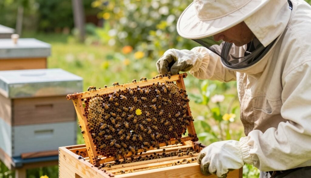 A detailed scene depicting a beekeeper in professional attire, carefully monitoring a queenless hive combined with another colony. In the foreground, the beekeeper leans over a wooden hive, equipped with gloves and a protective veil, peering into the frames filled with bees. In the middle ground, frames reveal busy bees working together, showcasing a blend of yellow and black stripes, with some bees clustered around the queen, who is delicately marked for easy identification. In the background, a sunny garden setting presents lush greenery and a peaceful atmosphere, with soft dappled sunlight filtering through the trees. The image should evoke a sense of harmony and diligence in the beekeeping process, captured in bright, warm colors and a shallow depth of field to focus on the hive and the beekeeper's interaction.