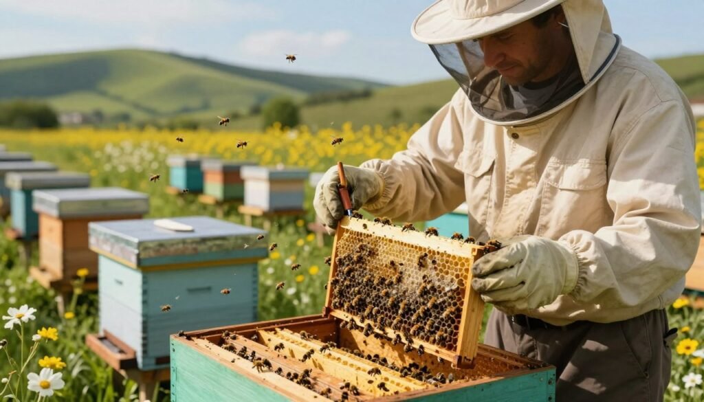 A detailed scene depicting a beekeeper wearing professional attire, actively inspecting a healthy hive in a sunny apiary surrounded by blooming flowers. In the foreground, the beekeeper is holding a frame, inspecting for Varroa mites, with an observation tool in hand. The middle ground shows multiple hives arranged neatly, with bees flying around, showcasing a vibrant ecosystem. In the background, rolling green hills and a clear blue sky create a serene atmosphere. Soft, warm lighting highlights the bees and the hive, creating an inviting mood. The focus is on effective mite management, illustrated through the attentive actions of the beekeeper and the thriving environment. The composition should convey the importance of integrated pest management in maintaining healthy bee populations.