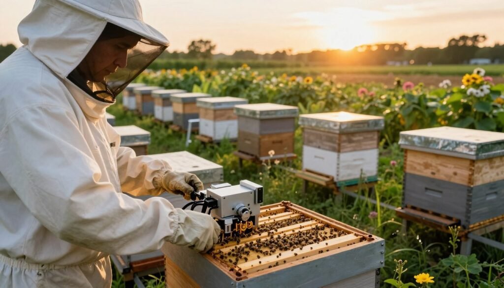 A detailed scene depicting a modern beekeeping operation focused on mechanical control strategies for managing Varroa mites. In the foreground, a beekeeper in a protective suit inspects a beehive equipped with advanced mechanical mechanisms, such as mite-catching devices and automated brood management tools. The middle layer features multiple beehives arranged neatly, surrounded by lush greenery and flowering plants, emphasizing a harmonious environment. In the background, the sun sets, casting warm golden light that highlights the intricate details of the hives and machinery, creating a serene yet industrious atmosphere. The image captures the blend of technology and nature, symbolizing the evolution of beekeeping practices.