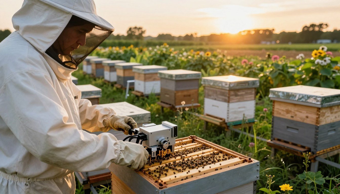A detailed scene depicting a modern beekeeping operation focused on mechanical control strategies for managing Varroa mites