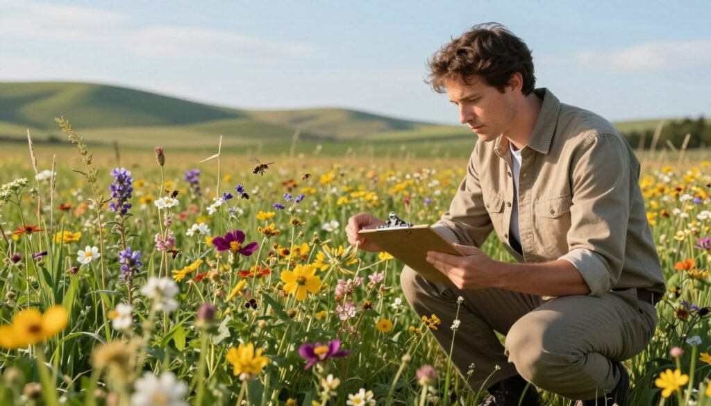 A detailed scene depicting a professional agronomist assessing local forage availability in a vibrant field filled with wildflowers and grasses. In the foreground, the agronomist, dressed in smart casual attire with a clipboard in hand, kneels beside a patch of blooming flowers, examining their growth. The middle ground features various types of flowering plants and pollinators like bees busily collecting nectar. In the background, gently rolling hills and a clear blue sky create a picturesque agricultural landscape. The scene is illuminated by warm, soft sunlight, enhancing the colors of the flora. The overall mood is calm and focused, capturing the importance of understanding natural resources for effective hive density management.