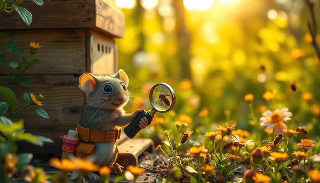 A detailed scene depicting a "seasonal maintenance mouse guard" in action, showcasing an intricate Langstroth hive surrounded by lush greenery. In the foreground, a smiling, professional-looking mouse, wearing a tiny tool belt and safety goggles, carefully inspects the hive with a small magnifying glass. The middle ground features vibrant flowers and buzzing bees, enhancing the hive's activity. In the background, soft, golden sunlight filters through the trees, creating a warm and inviting atmosphere. The scene captures a sense of diligence and care, embodying the essence of seasonal maintenance and inspection routines. The focus should be sharp on the mouse while maintaining a slight bokeh effect on the surroundings to emphasize the foreground activity.