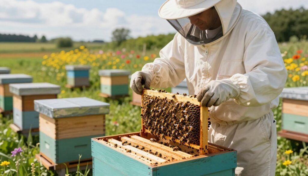 A detailed scene depicting a vibrant apiary in the foreground, where a beekeeper, dressed in a professional white suit and protective gear, is gently inspecting a beehive. The beekeeper is delicately handling a frame filled with bees, with an emphasis on a healthy queen bee. In the middle ground, multiple hives arranged in an orderly fashion can be seen, surrounded by lush greenery and colorful wildflowers, indicating a thriving environment. The background features a soft-focus view of a sunny sky with fluffy clouds, adding warmth to the scene. Natural light filters through, casting gentle, dappled shadows on the ground, conveying a sense of care and management. The mood is serene yet industrious, reflecting the importance of effective requeening strategies for hive vitality.