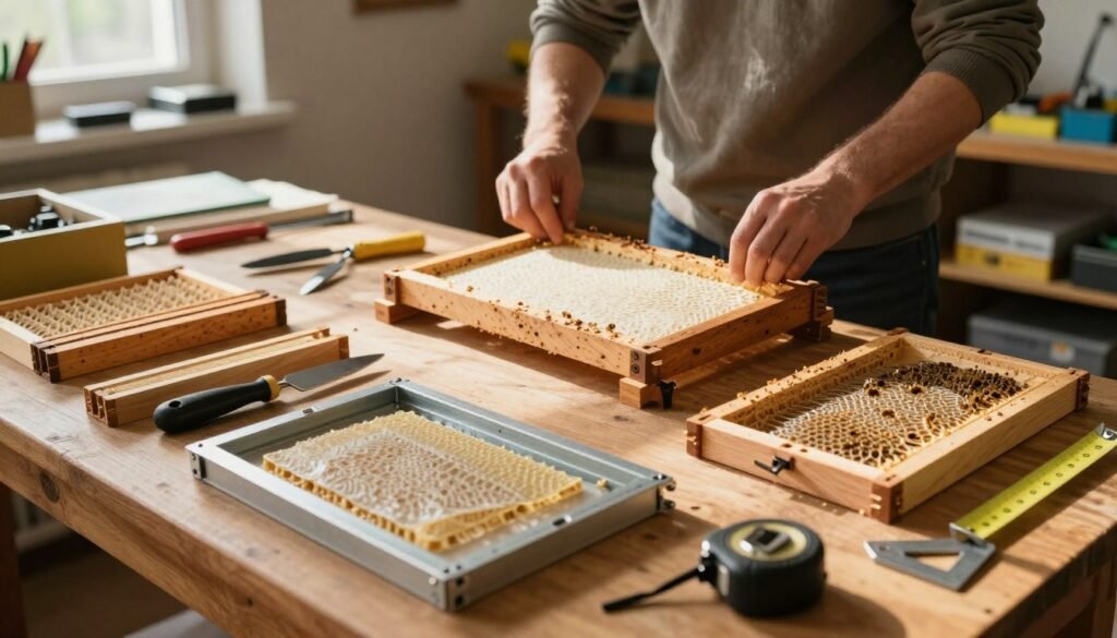A detailed scene depicting a workspace for assembling bee frames, focusing on essential tools. In the foreground, a wooden workbench is cluttered with a variety of frame components, including grooved and wedged top bars, inner frames, and foundation sheets. A sharp hive tool and a metal frame jig are positioned prominently alongside a tape measure and a square, emphasizing precision. In the middle ground, a person in modest casual clothing is actively assembling a frame, their hands skillfully fitting the components together. Warm, natural lighting filters through a nearby window, casting soft shadows and creating an inviting atmosphere. In the background, shelves lined with additional beekeeping supplies and tools hint at a well-organized workspace, reinforcing the focus on the assembly process. The overall mood is professional and industrious, perfect for illustrating the assembly of bee frames.