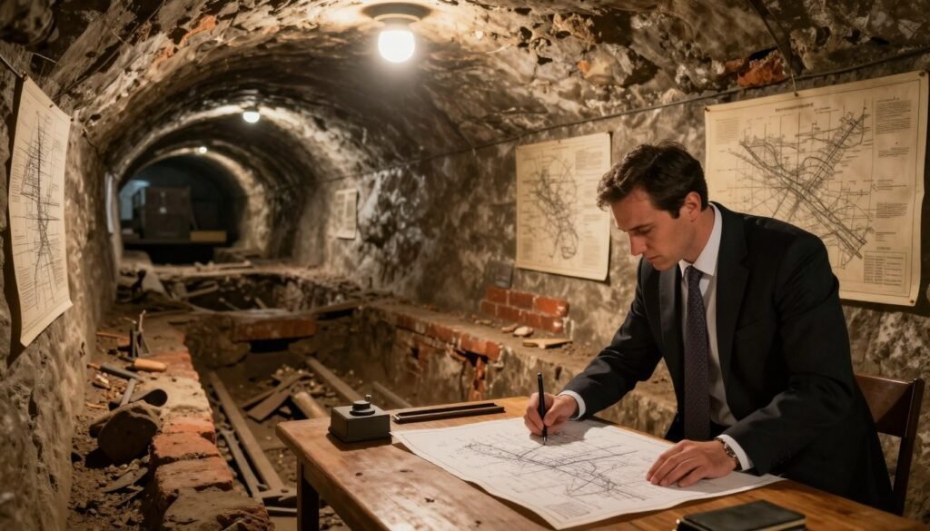 A detailed scene depicting an underground tunnel analysis, focusing on historical tunneling methods. In the foreground, a professional-looking man in business attire examines old blueprints spread across a wooden table, illuminated by a warm overhead light. The middle layer features a partially excavated tunnel with visible signs of excavation tools and aged bricks alongside historical maps pinned to the walls, hinting at past methods. In the background, dimly lit, with shadows playing across stone arches, suggesting depth and history, while faded diagrams of tunnel designs are faintly visible on the walls. The atmosphere is one of exploration and discovery, with soft, focused lighting highlighting key elements, creating a sense of mystery surrounding this ancient engineering practice.