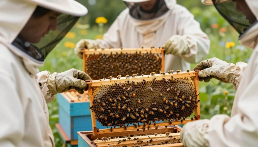 A detailed scene depicting beekeepers in professional attire, gently handling a hive with a focus on laying workers. In the foreground, a beekeeper is carefully inspecting frames filled with bees, showcasing the delicate interaction with the insects. The workers have distinct features, highlighting their role in the hive, with subtle signs of activity. In the middle, the hive reflects a variety of bee types and colors, enhancing the theme of drone laying. The background features lush greenery and flowering plants, indicating a thriving environment. Soft, diffuse sunlight filters through the leaves, creating a warm and tranquil atmosphere. The composition emphasizes the intricate balance between nature and beekeeping, highlighting both care and caution. Shot with a shallow depth of field to keep the focus sharp on the beekeepers and the hive.