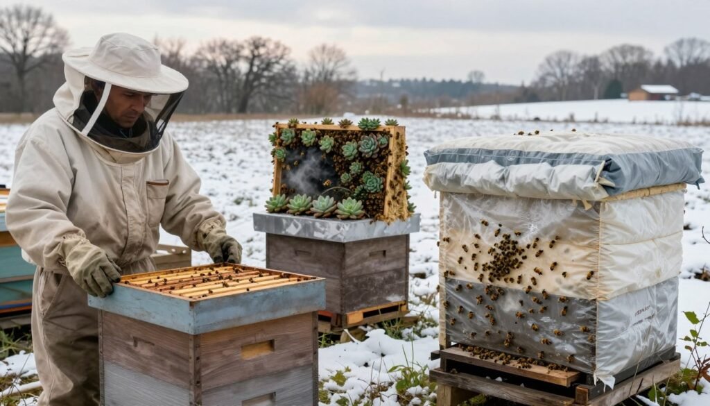 A detailed scene depicting common mistakes in beekeeping during winterization. In the foreground, a beekeeper in professional attire inspects a hive, looking concerned. Nearby, a poorly insulated hive is slightly ajar, exposing bees attempting to escape into a cold environment. The middle ground features two contrasting setups: one with an effective moisture board, showcasing succulents to absorb excess humidity, and the other with an ineffective winter quilt box, visibly damp and causing bees to cluster unhappily. In the background, a winter landscape with snow-covered fields and bare trees, under a cloudy but softly lit sky, evokes a chilly atmosphere. Capture the mood of urgency and caution, using soft, diffused lighting to highlight the details. The image should be composed at an eye-level angle for an immersive, informative perspective. A detailed scene depicting common mistakes in beekeeping during winterization. In the foreground, a beekeeper in professional attire inspects a hive, looking concerned. Nearby, a poorly insulated hive is slightly ajar, exposing bees attempting to escape into a cold environment. The middle ground features two contrasting setups: one with an effective moisture board, showcasing succulents to absorb excess humidity, and the other with an ineffective winter quilt box, visibly damp and causing bees to cluster unhappily. In the background, a winter landscape with snow-covered fields and bare trees, under a cloudy but softly lit sky, evokes a chilly atmosphere. Capture the mood of urgency and caution, using soft, diffused lighting to highlight the details. The image should be composed at an eye-level angle for an immersive, informative perspective.