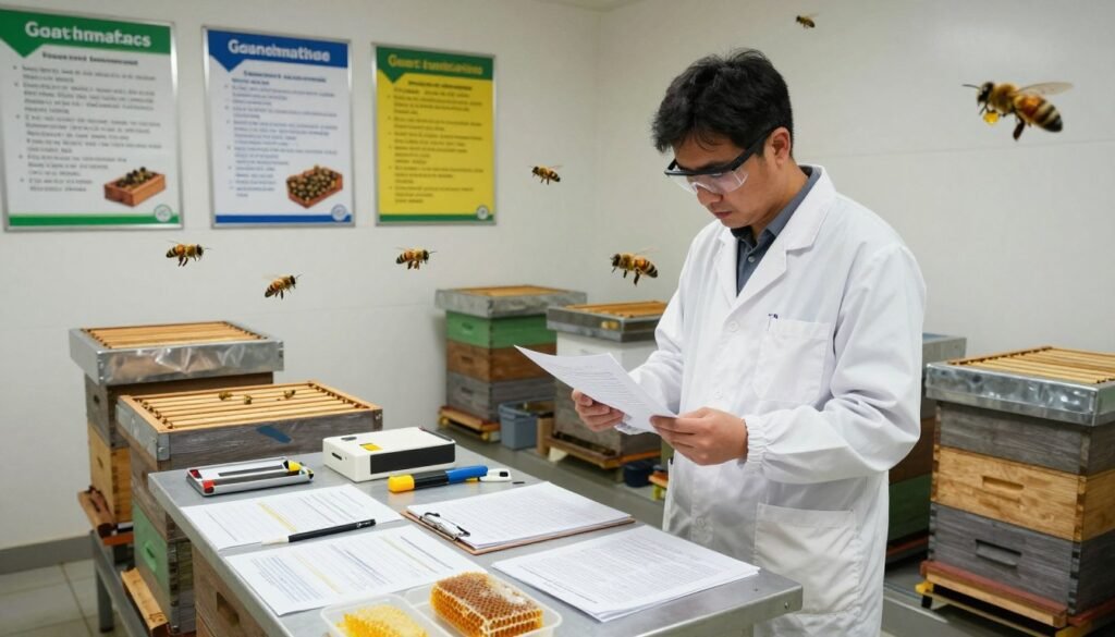 A detailed scene depicting regulatory standards for bee colonies, focusing on an indoor apiary inspection setting. In the foreground, a professional, wearing a white lab coat and safety glasses, stands examining documents that outline specific standards, surrounded by various bee hives. In the middle, a table is cluttered with charts, beekeeping tools, and samples of honeycombs, emphasizing quality assessment. The background showcases a wall-mounted display of colorful regulatory posters illustrating the guidelines for bee health and safety, with honeybees visibly flying around the hives. Soft fluorescent lighting enhances the clinical atmosphere, highlighting the meticulous nature of the inspection while maintaining an informative and professional feel. The image captures a sense of diligence and focus essential for maintaining colony quality. A detailed scene depicting regulatory standards for bee colonies, focusing on an indoor apiary inspection setting. In the foreground, a professional, wearing a white lab coat and safety glasses, stands examining documents that outline specific standards, surrounded by various bee hives. In the middle, a table is cluttered with charts, beekeeping tools, and samples of honeycombs, emphasizing quality assessment. The background showcases a wall-mounted display of colorful regulatory posters illustrating the guidelines for bee health and safety, with honeybees visibly flying around the hives. Soft fluorescent lighting enhances the clinical atmosphere, highlighting the meticulous nature of the inspection while maintaining an informative and professional feel. The image captures a sense of diligence and focus essential for maintaining colony quality.