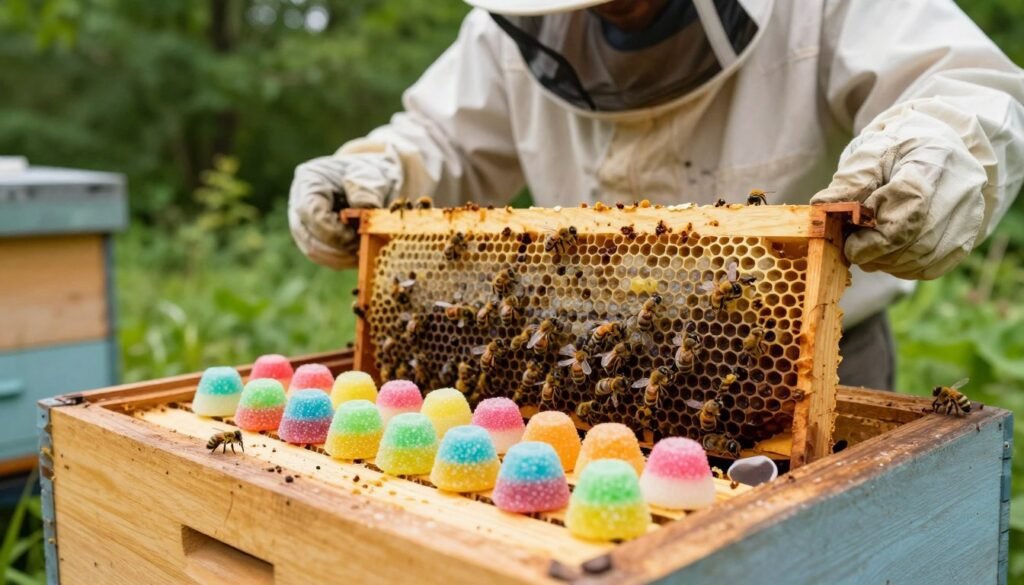 A detailed scene depicting the Candy Plug Method for beekeeping. In the foreground, a close-up view of a bee colony inside a wooden hive, showcasing a few bees actively interacting with colorful candy plugs. The candy is vividly colored in bright pastels, placed near the hive entrance. In the middle ground, an experienced beekeeper, dressed in a modest casual outfit and a protective bee suit, is gently observing the bees, holding a frame with combs. The background features lush green foliage, symbolizing a healthy hive environment. Soft, natural lighting illuminates the scene, creating a warm and inviting atmosphere. The composition should focus on clarity and detail, capturing the delicate balance of nature and beekeeping practices.