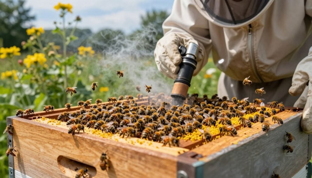 A detailed scene depicting the entrance of a busy beehive, showcasing the management of congestion among the bees. In the foreground, a wooden hive with an open entryway is visible, filled with bees buzzing around frantically, some collecting pollen and others returning home. In the middle, a beekeeper in a light-colored, professional outfit is gently guiding the bees with a smoker, creating a soothing haze to alleviate their confusion. The background features lush flowering plants and a bright blue sky, suggesting a sunny day with soft, natural lighting. The atmosphere is lively yet controlled, illustrating a harmonious balance between nature and human intervention. The focus is on the hive and the interaction between the bees and the beekeeper, captured from a slightly elevated angle to highlight the scene's depth. A detailed scene depicting the entrance of a busy beehive, showcasing the management of congestion among the bees. In the foreground, a wooden hive with an open entryway is visible, filled with bees buzzing around frantically, some collecting pollen and others returning home. In the middle, a beekeeper in a light-colored, professional outfit is gently guiding the bees with a smoker, creating a soothing haze to alleviate their confusion. The background features lush flowering plants and a bright blue sky, suggesting a sunny day with soft, natural lighting. The atmosphere is lively yet controlled, illustrating a harmonious balance between nature and human intervention. The focus is on the hive and the interaction between the bees and the beekeeper, captured from a slightly elevated angle to highlight the scene's depth.