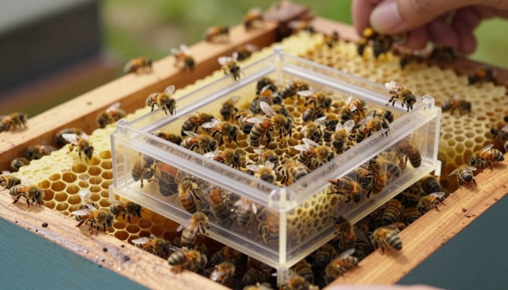 A detailed scene depicting the "push-in cage brood method" for introducing a new queen bee, focusing on the inner workings of a beehive. In the foreground, a transparent push-in cage is gracefully positioned, showcasing a new queen surrounded by nurse bees, highlighting the delicate interactions. The middle ground features a well-structured honeycomb filled with brood cells, illustrating the hive's vibrant ecosystem. In the background, soft, natural lighting filters through the hive, creating a warm, inviting atmosphere. The angle is slightly above eye-level, providing clarity on the cage and surrounding bees. The mood is one of harmony and diligence, reflecting the meticulous nature of beekeeping. Emphasize the detailed textures of the bees and honeycomb, ensuring a rich and immersive visual story. A detailed scene depicting the "push-in cage brood method" for introducing a new queen bee, focusing on the inner workings of a beehive. In the foreground, a transparent push-in cage is gracefully positioned, showcasing a new queen surrounded by nurse bees, highlighting the delicate interactions. The middle ground features a well-structured honeycomb filled with brood cells, illustrating the hive's vibrant ecosystem. In the background, soft, natural lighting filters through the hive, creating a warm, inviting atmosphere. The angle is slightly above eye-level, providing clarity on the cage and surrounding bees. The mood is one of harmony and diligence, reflecting the meticulous nature of beekeeping. Emphasize the detailed textures of the bees and honeycomb, ensuring a rich and immersive visual story.