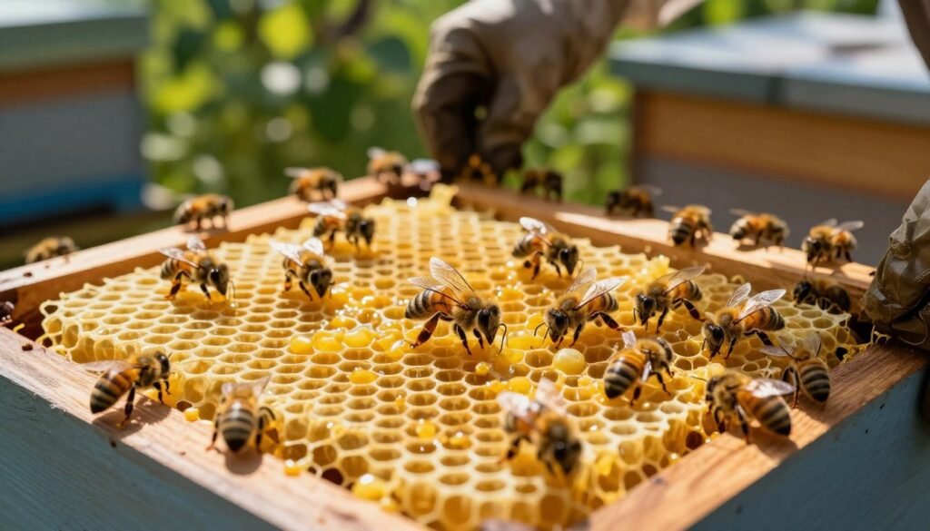 A detailed scene illustrating a propolis collector in a top bar hive, focusing on airflow optimization. In the foreground, a propolis screen is prominently displayed, showing resin-laden mesh and wooden frames. In the middle, bees are actively moving around, collecting resin, with their delicate wings in motion, contributing to the hive's productivity. The background features a lush apiary environment, bright sunlight filtering through green foliage, casting dappled shadows on the hive. Use a macro lens perspective to capture intricate details of the bees and the propolis screen, while soldiers handle the hive material. The mood is industrious and serene, emphasizing the natural harmony between bees and their environment. The lighting should be warm and inviting, highlighting the vibrant colors of the resin and the wooden hive structure. A detailed scene illustrating a propolis collector in a top bar hive, focusing on airflow optimization. In the foreground, a propolis screen is prominently displayed, showing resin-laden mesh and wooden frames. In the middle, bees are actively moving around, collecting resin, with their delicate wings in motion, contributing to the hive's productivity. The background features a lush apiary environment, bright sunlight filtering through green foliage, casting dappled shadows on the hive. Use a macro lens perspective to capture intricate details of the bees and the propolis screen, while soldiers handle the hive material. The mood is industrious and serene, emphasizing the natural harmony between bees and their environment. The lighting should be warm and inviting, highlighting the vibrant colors of the resin and the wooden hive structure.