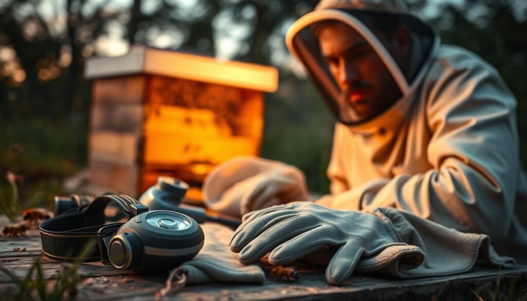 A detailed scene illustrating common pitfalls in selecting beekeeping gear, set in a serene outdoor environment near a beehive. In the foreground, display a close-up of essential gear laid out, including a headlamp, protective gloves, and a veil, all arranged thoughtfully to avoid clutter. The middle ground features a beekeeper in professional attire, examining the gear with a thoughtful expression, considering the elements to avoid, like low-quality materials or ineffective lighting. The background shows a vibrant hive bustling with bees under soft, ambient twilight lighting, creating a tranquil yet engaging atmosphere. Capture the scene with a slightly blurred depth of field to focus on the gear and beekeeper while giving context to the hive, emphasizing clarity and warm tones to convey a sense of care and professionalism in beekeeping.