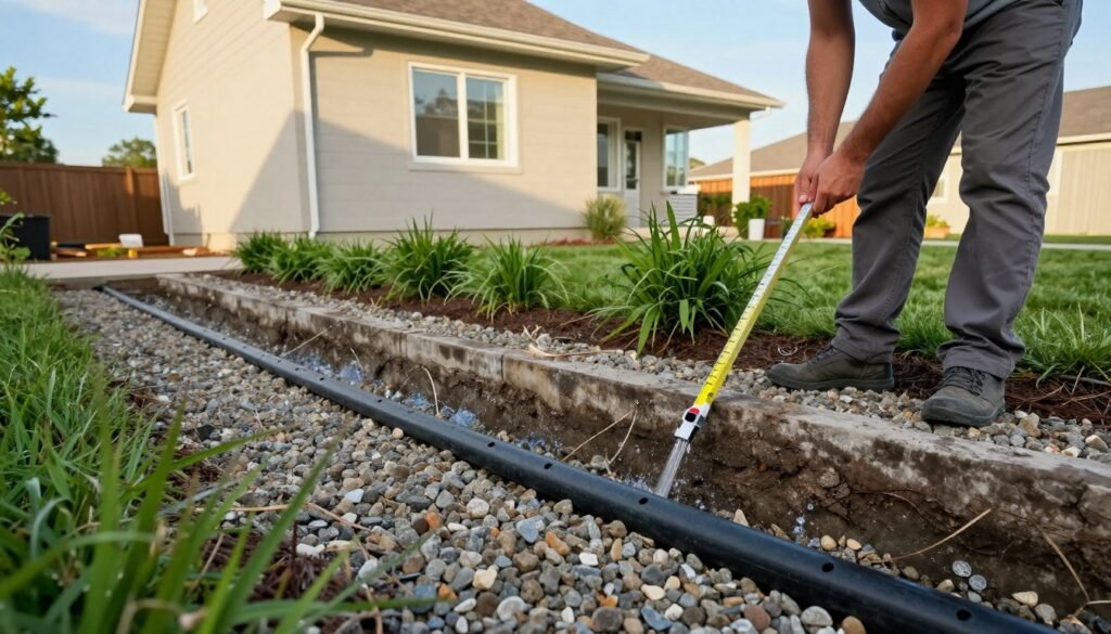 A detailed scene illustrating effective drainage moisture control around a foundation. In the foreground, show a gravel drainage trench with perforated pipes embedded, managing excess moisture. A professional in modest casual clothing inspects the area, using a measuring tool. In the middle ground, highlight well-placed downspouts directing rainwater away from the foundation, along with lush landscaping that absorbs water effectively. The background should feature a sturdy, newly installed foundation of a house, basking in soft, natural daylight, suggesting a calm and proactive atmosphere. Capture this scene with a wide-angle lens to provide an encompassing view, emphasizing both the foundation and drainage systems working in harmony, with a clear blue sky overhead to give a positive and reassuring mood.
