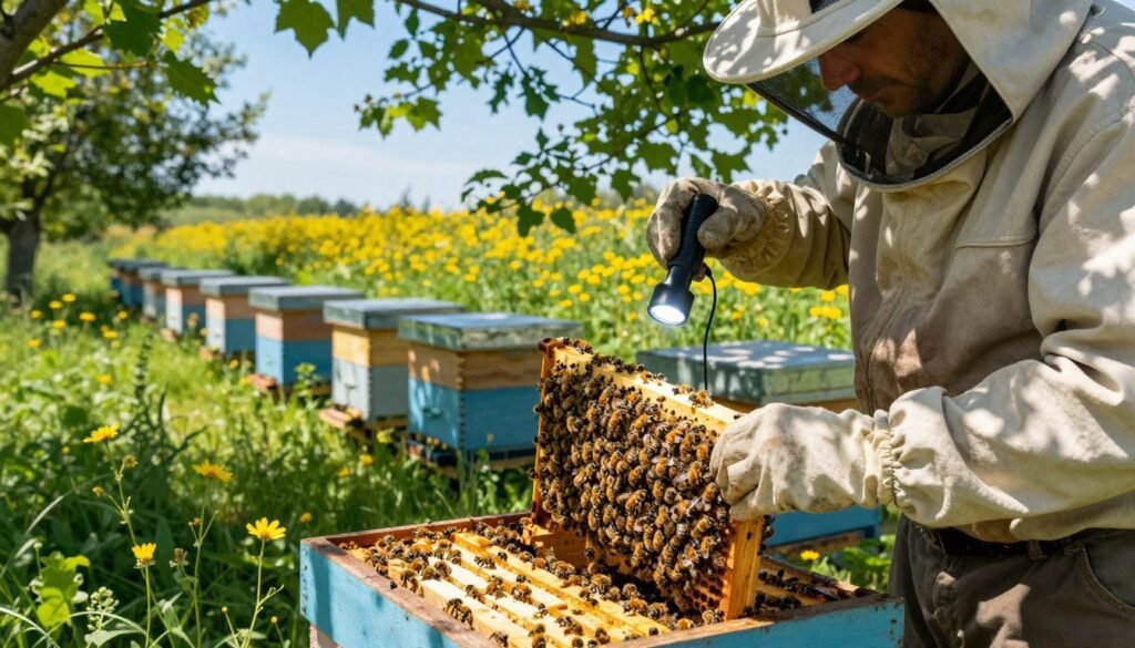 A detailed scene illustrating the careful sampling of bees in a hive. In the foreground, a professional beekeeper in modest casual clothing examines a frame of bees, using a bright flashlight to observe them closely. The middle ground features multiple beehives arranged neatly, surrounded by lush green grass and bright wildflowers, creating a vibrant yet serene atmosphere. Sunlight filters through the leaves of nearby trees, casting dappled shadows on the ground, enhancing the focus on the beekeeper and the bees. In the background, a clear blue sky complements the scene, emphasizing a calm day in an apiary. The overall mood is one of diligence and precision, reflecting the importance of avoiding common sampling errors in bee management. The image should capture the intricate beauty of bees and the meticulous nature of sampling work.
