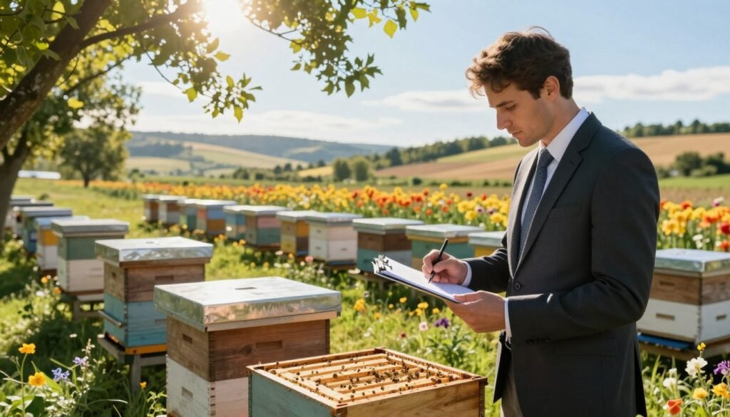 A detailed scene illustrating the evaluation of profitability per apiary yard, centered on an apiary setup with numerous beehives. In the foreground, a professional in business attire examines a clipboard, analyzing data, with sunlight filtering through the leaves of nearby trees. The middle ground features a well-organized apiary with vibrant flowers surrounding the hives, promoting a sense of healthy pollination and productivity. In the background, rolling hills and a clear blue sky enhance the idyllic rural setting. The lighting is warm and inviting, evoking a hopeful and prosperous atmosphere. The scene should convey diligence and professionalism, emphasizing the importance of assessing the apiary’s performance metrics without any text or distractions. A detailed scene illustrating the evaluation of profitability per apiary yard, centered on an apiary setup with numerous beehives. In the foreground, a professional in business attire examines a clipboard, analyzing data, with sunlight filtering through the leaves of nearby trees. The middle ground features a well-organized apiary with vibrant flowers surrounding the hives, promoting a sense of healthy pollination and productivity. In the background, rolling hills and a clear blue sky enhance the idyllic rural setting. The lighting is warm and inviting, evoking a hopeful and prosperous atmosphere. The scene should convey diligence and professionalism, emphasizing the importance of assessing the apiary’s performance metrics without any text or distractions.