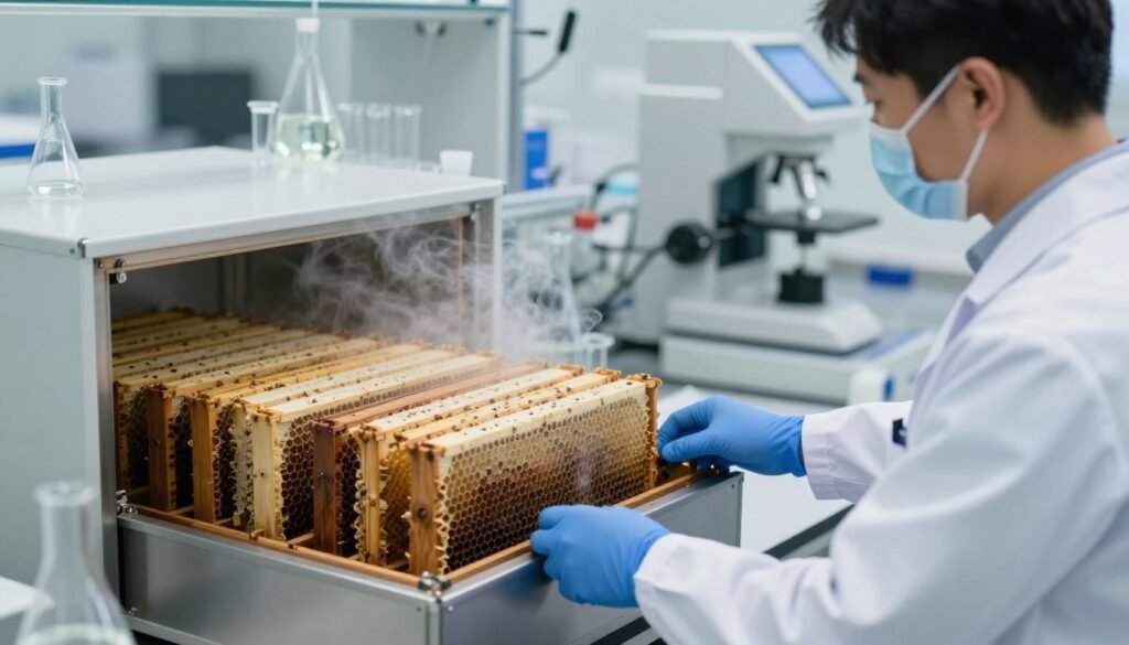 A detailed scene illustrating the formic acid fumigant process for Varroa mite control. In the foreground, a laboratory setting with a professional in a lab coat carefully preparing a fumigation chamber filled with beehives. The middle ground showcases the beehives that are partially open, emitting visible vapors of formic acid, depicted as a subtle mist. The background features a well-organized, sterile lab environment with scientific equipment and glassware reflecting ambient light. The lighting is bright yet soft, emphasizing the seriousness of the fumigation process while conveying a sense of safety and professionalism. The image composition is balanced, capturing both the complexity of the process and the meticulous attention to detail in a controlled environment. A detailed scene illustrating the formic acid fumigant process for Varroa mite control. In the foreground, a laboratory setting with a professional in a lab coat carefully preparing a fumigation chamber filled with beehives. The middle ground showcases the beehives that are partially open, emitting visible vapors of formic acid, depicted as a subtle mist. The background features a well-organized, sterile lab environment with scientific equipment and glassware reflecting ambient light. The lighting is bright yet soft, emphasizing the seriousness of the fumigation process while conveying a sense of safety and professionalism. The image composition is balanced, capturing both the complexity of the process and the meticulous attention to detail in a controlled environment.