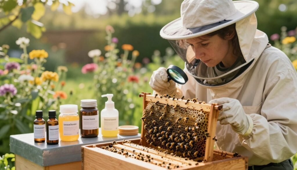 A detailed scene illustrating the selection of the right treatment approach for bee mites. In the foreground, a professional beekeeper in modest casual clothing examines a mite-infested hive with a focused expression. She holds a magnifying glass to inspect the bees closely. The middle ground shows various treatment options laid out neatly, including organic treatments like essential oils, and chemical solutions in labeled jars. In the background, a lush garden full of flowering plants, signifying a healthy environment for the bees, is illuminated by soft, warm sunlight filtering through the leaves. The angle is slightly elevated, providing a comprehensive view of the action. The overall mood is one of dedicated care and thoughtful consideration, capturing the importance of proper mite management in beekeeping. A detailed scene illustrating the selection of the right treatment approach for bee mites. In the foreground, a professional beekeeper in modest casual clothing examines a mite-infested hive with a focused expression. She holds a magnifying glass to inspect the bees closely. The middle ground shows various treatment options laid out neatly, including organic treatments like essential oils, and chemical solutions in labeled jars. In the background, a lush garden full of flowering plants, signifying a healthy environment for the bees, is illuminated by soft, warm sunlight filtering through the leaves. The angle is slightly elevated, providing a comprehensive view of the action. The overall mood is one of dedicated care and thoughtful consideration, capturing the importance of proper mite management in beekeeping.
