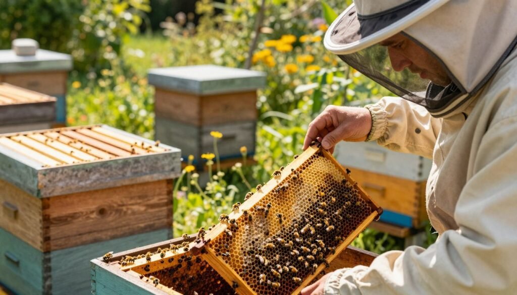 A detailed scene of a beekeeper carefully conducting a brood inspection inside an apiary. In the foreground, the beekeeper, dressed in protective clothing and a veil, examines a frame of honeycomb filled with pupating bees, focusing intently on the brood cells. In the middle ground, several beehives made from natural wood can be seen, with bees buzzing around them and some framed close to the inspector, emphasizing the activity of the hive. The background showcases a sunny, lush garden, with wildflowers and greenery, creating a vibrant atmosphere. The lighting is warm and natural, casting soft shadows, while the camera angle captures both the beekeeper's focused expression and the intricate details of the bees at work. The mood is one of diligence and appreciation for nature's complexities.